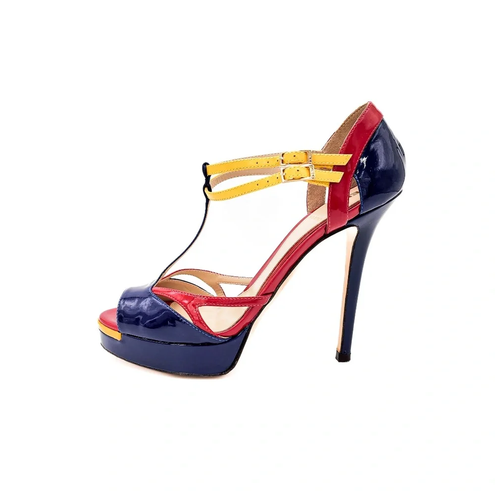 FENDI Navy Red Patent Leather T-Strap Platform Heels EU 36.5 - Picture 3 of 10